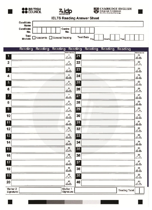 IELTS Reading Answer sheet