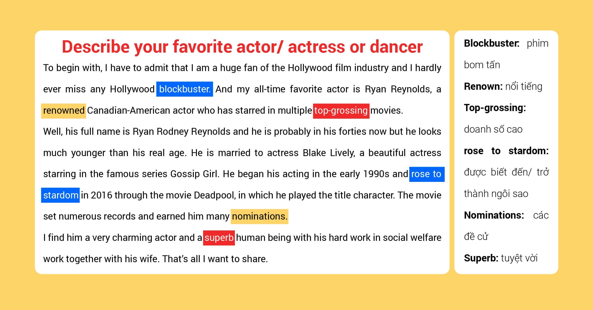 describe your favorite actor actress or dancer bai mau kem tu vung