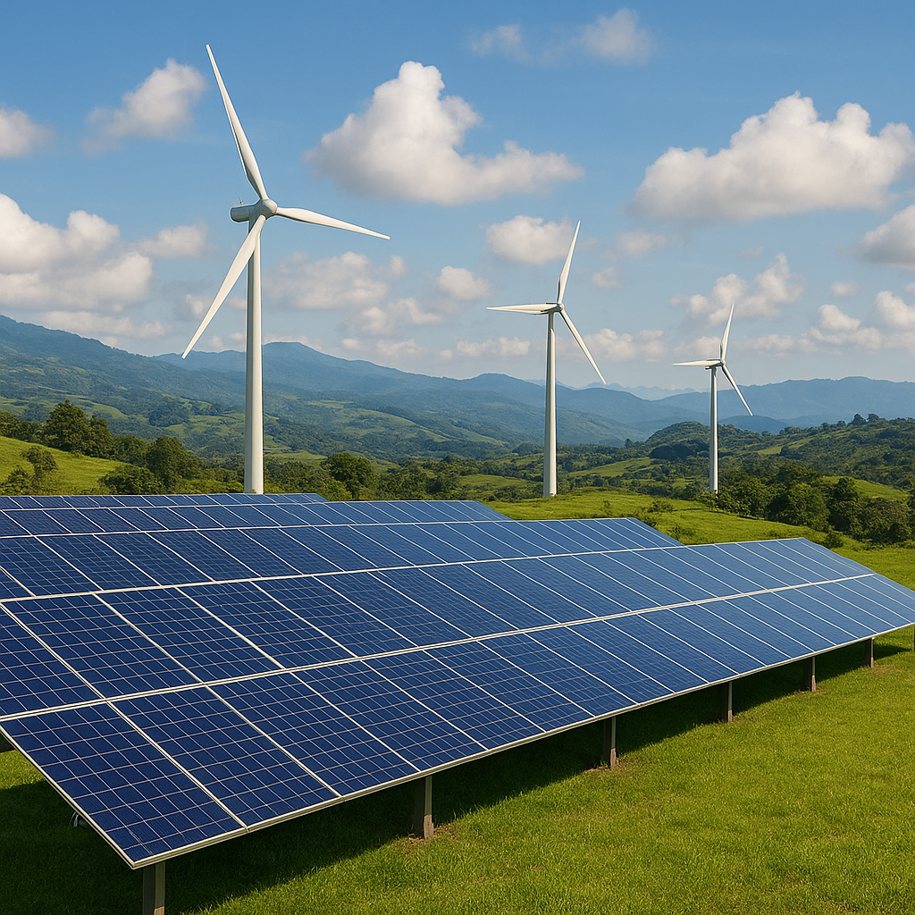 Costa Rican landscape with wind turbines or solar panels