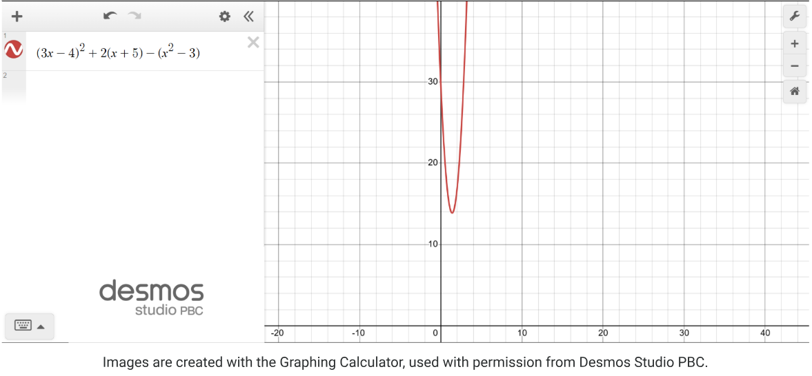 Fig. 4 Polynomial (3x-4) ^ 2 + 2(x +5) - (x^2 - 3) on DESMOS (Source [4])