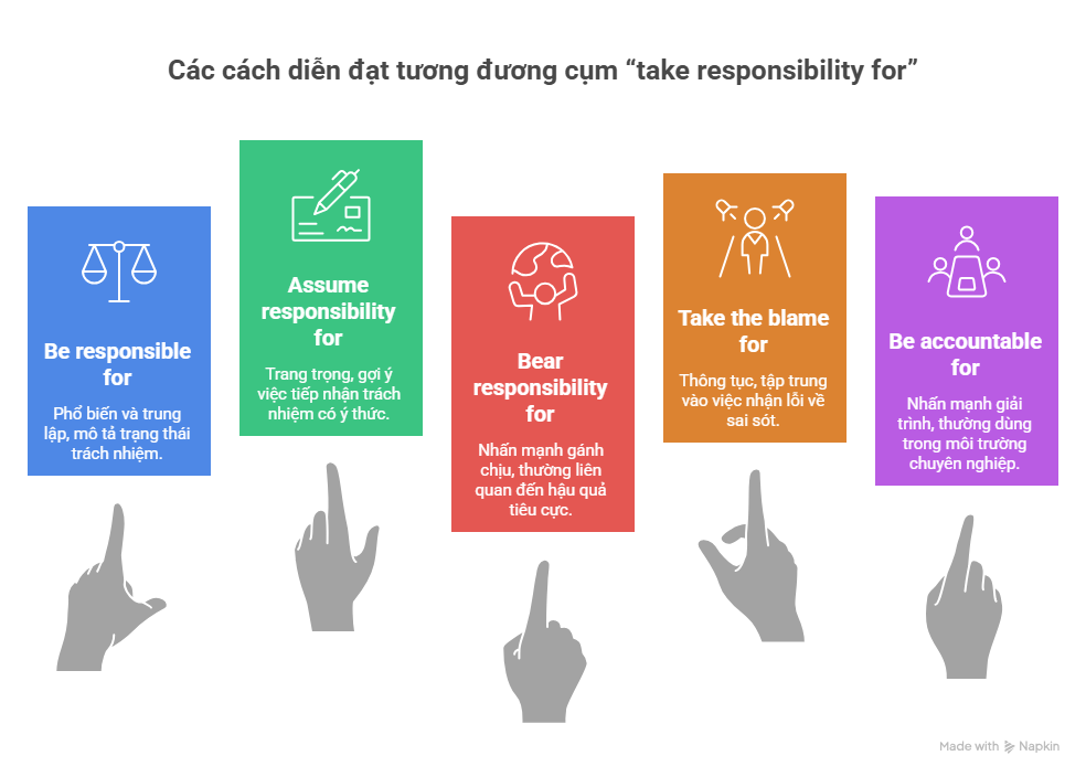 take responsibility for or of take responsibility for or of
