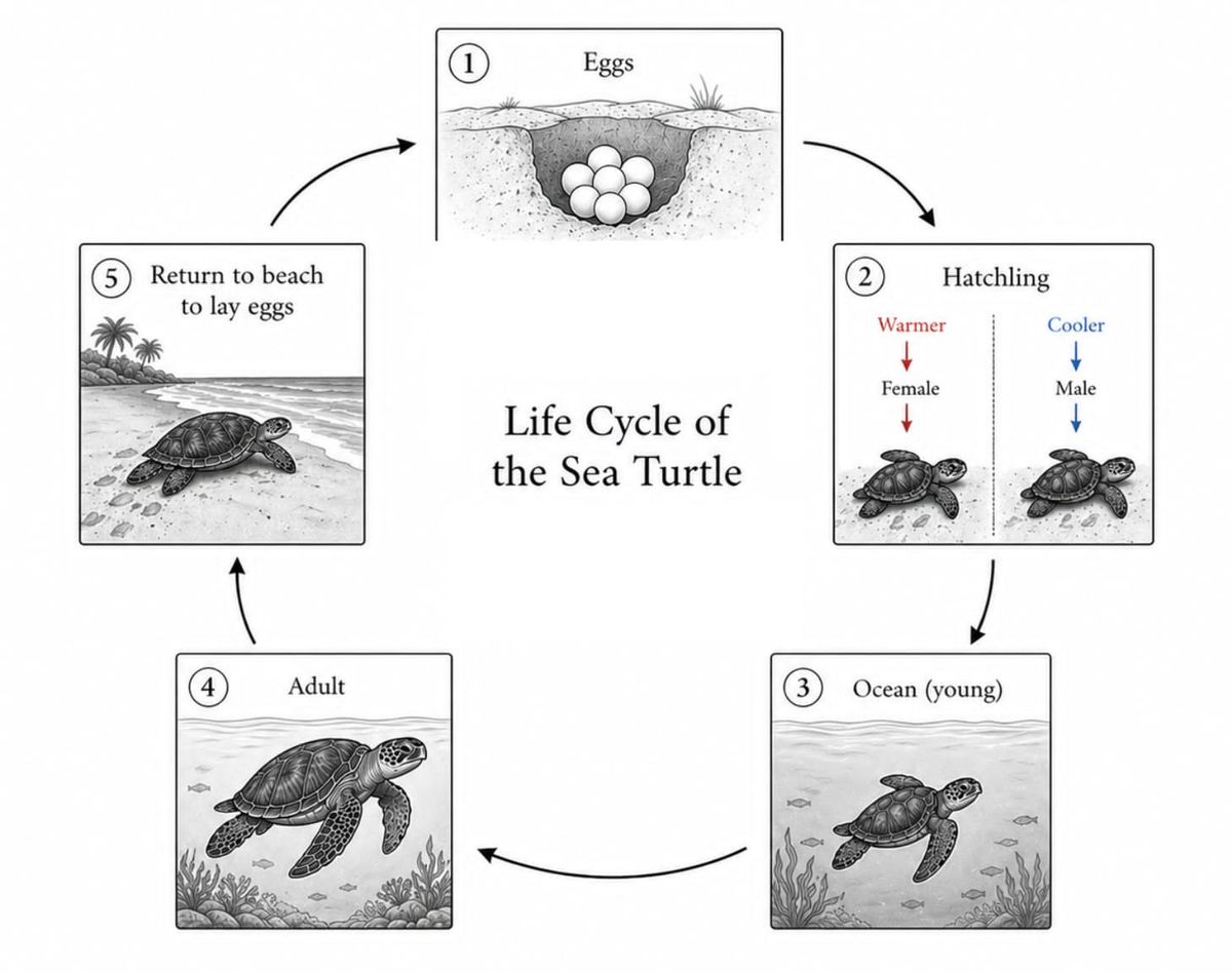The drawing below demonstrates the life cycle of the sea turtle The drawing below demonstrates the life cycle of the sea turtle