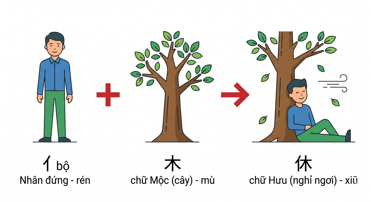 休 (xiū)  nghỉ ngơi