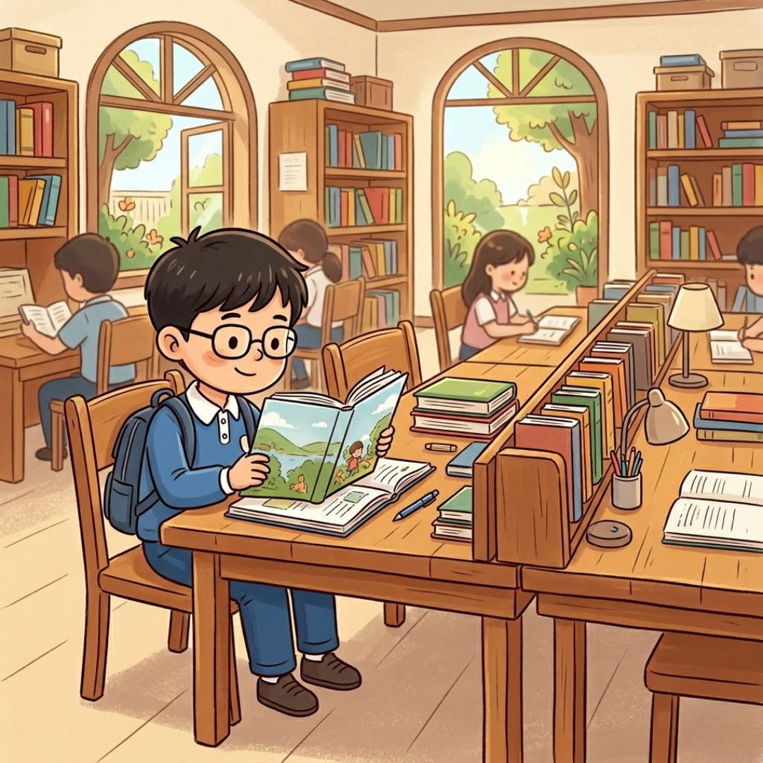 Một nam sinh ngồi bên trái bàn đọc sách trong thư viện Một nam sinh ngồi bên trái bàn đọc sách trong thư viện