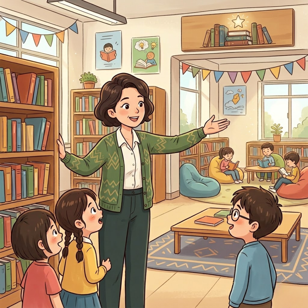 Cô giáo nói với học sinh đây là thư viện của chúng ta. Cô giáo nói với học sinh đây là thư viện của chúng ta.