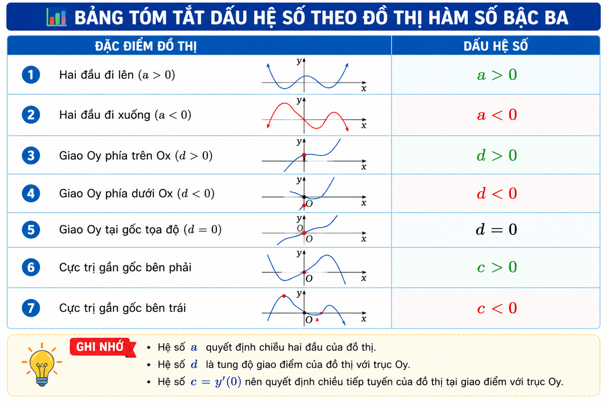 Bảng tóm tắt dấu hệ số theo đặc điểm đồ thị Bảng tóm tắt dấu hệ số theo đặc điểm đồ thị