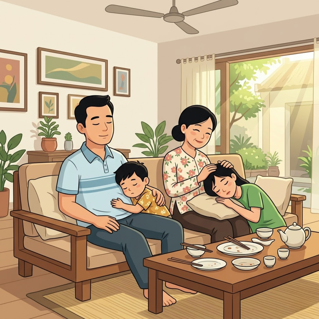 Một gia đình nghỉ ngơi sau bữa trưa.