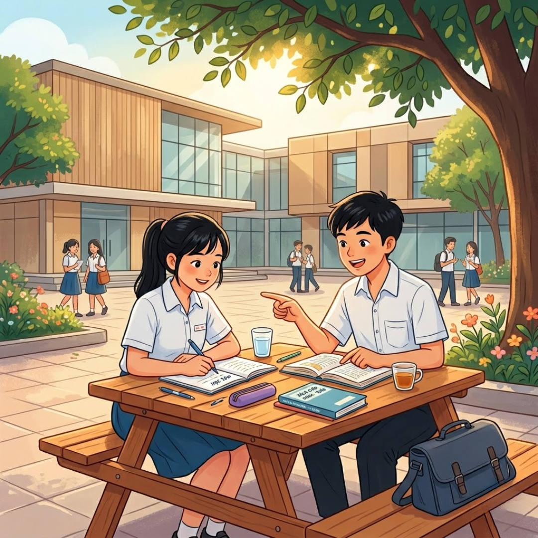 Hai bạn học cùng nhau học ở trường buổi chiều.