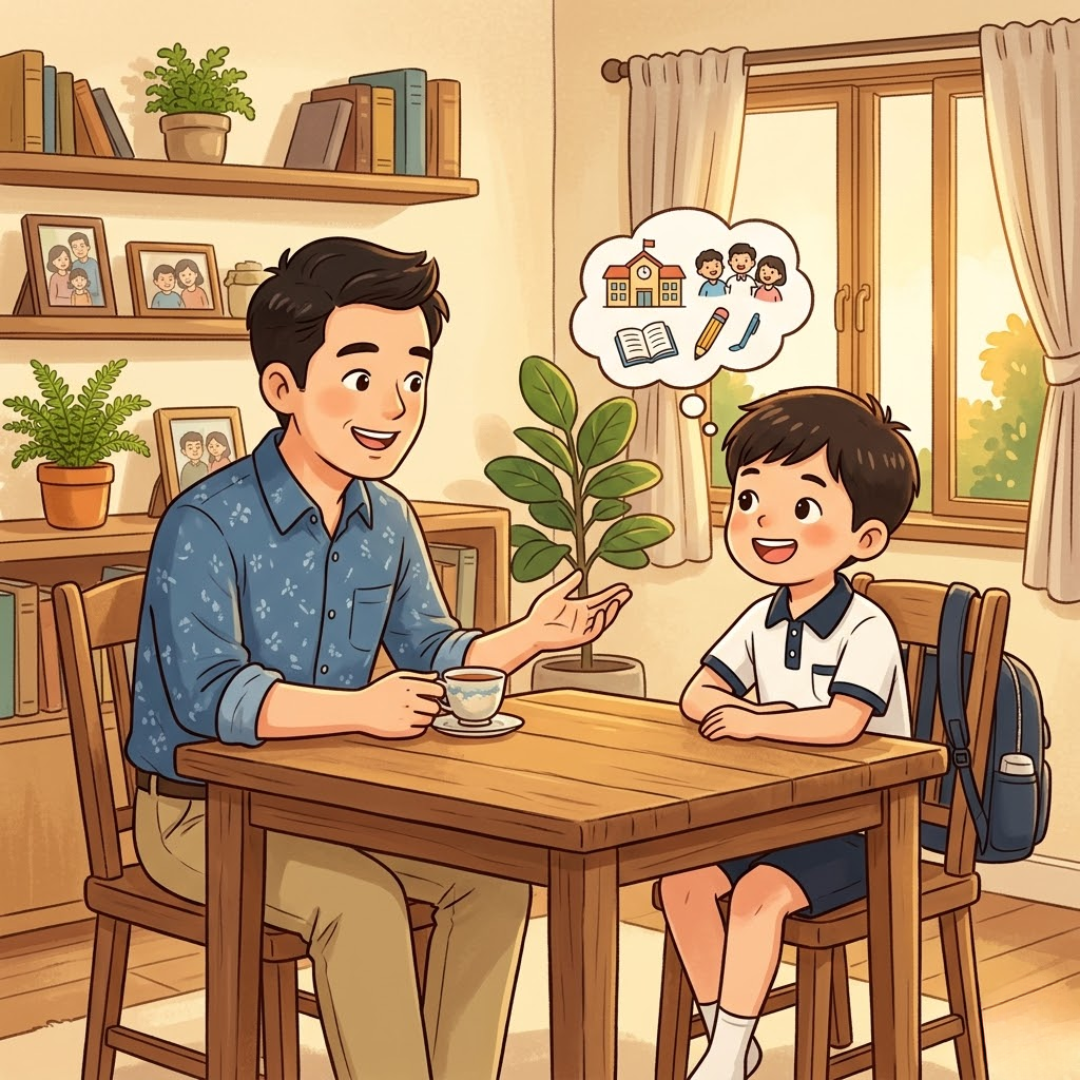Bố hỏi tôi về hôm nay ở trường thế nào.