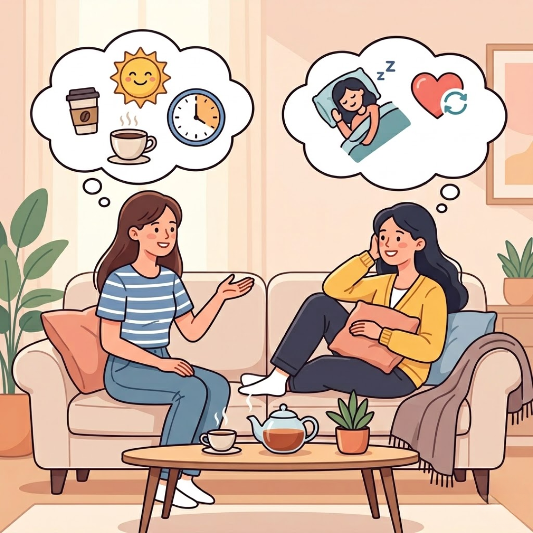 Hai người bạn nói về thói quen tốt của việc ngủ trưa.